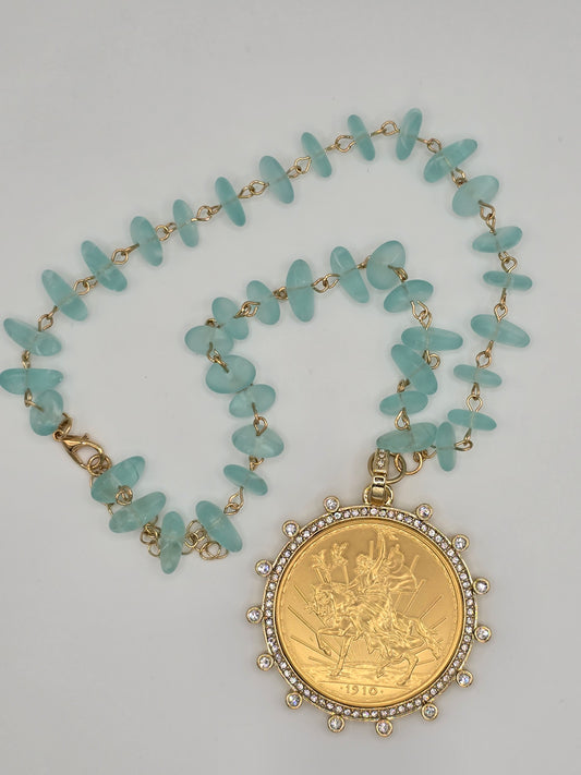 Gold Sovereign Replica Coin Pendant Necklace with Aqua Blue Sea Glass Beads