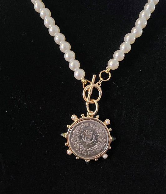 Pearl Strand French Coin Pendant Necklace — Elegant Coastal Vintage Necklace with Toggle Clasp