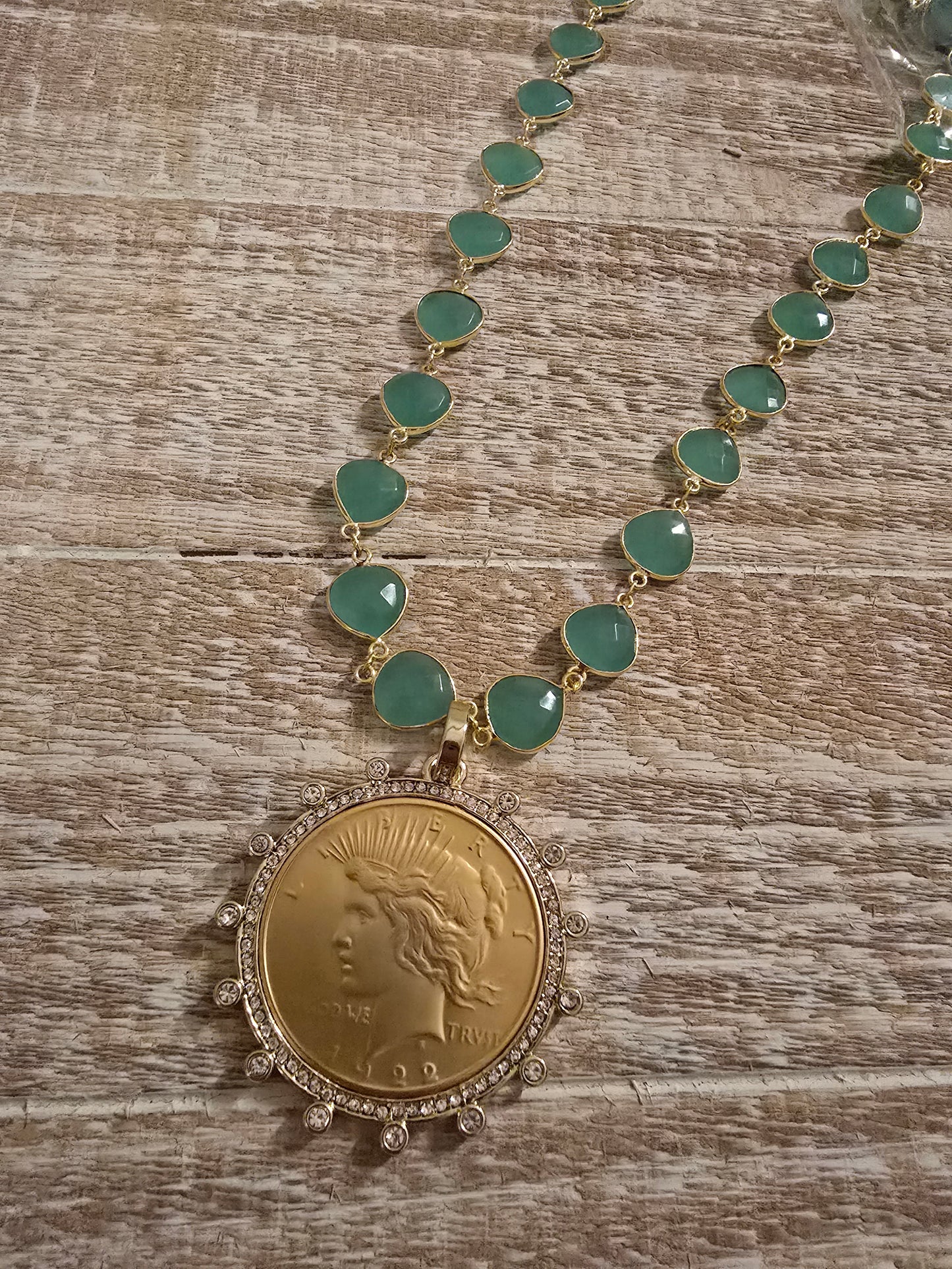 Aqua Chalcedony Gemstone Peace Dollar Medallion Necklace | Gold Coin Pendant | Crystal Halo | Coastal Chic Jewelry by LaRhonda’s Little Luxuries
