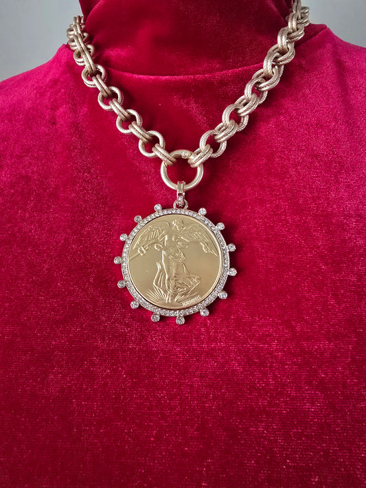 Gold Coin Pendant Statement Necklace, Chunky Chain, Vintage-Inspired French Medallion, Elegant Coastal Glam