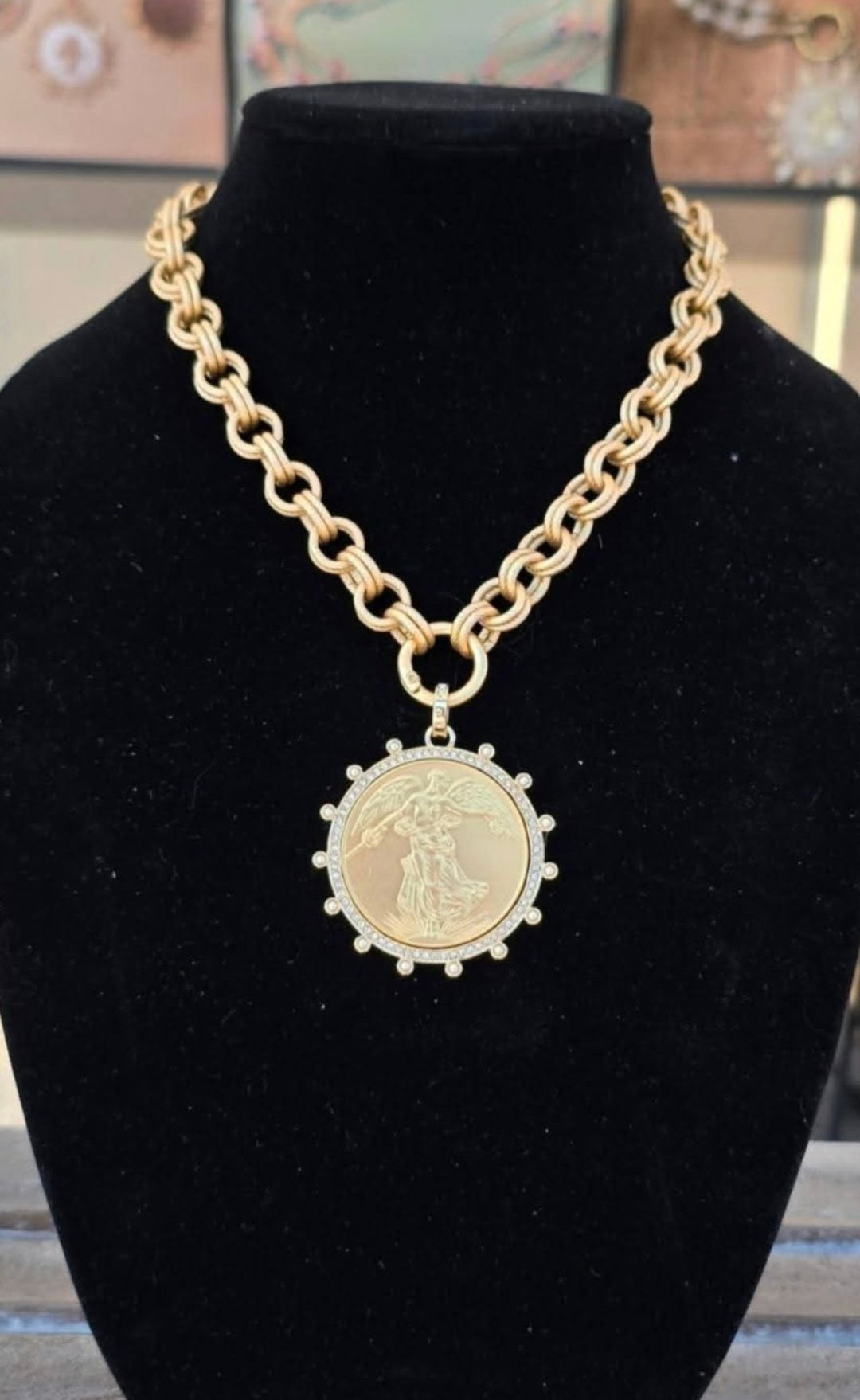 Gold Coin Pendant Statement Necklace, Chunky Chain, Vintage-Inspired French Medallion, Elegant Coastal Glam