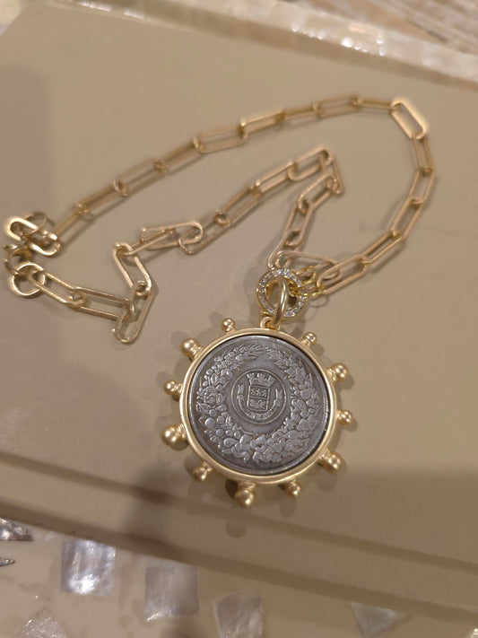 Vintage-Inspired French Coin Pendant Necklace | Gold Paperclip Chain