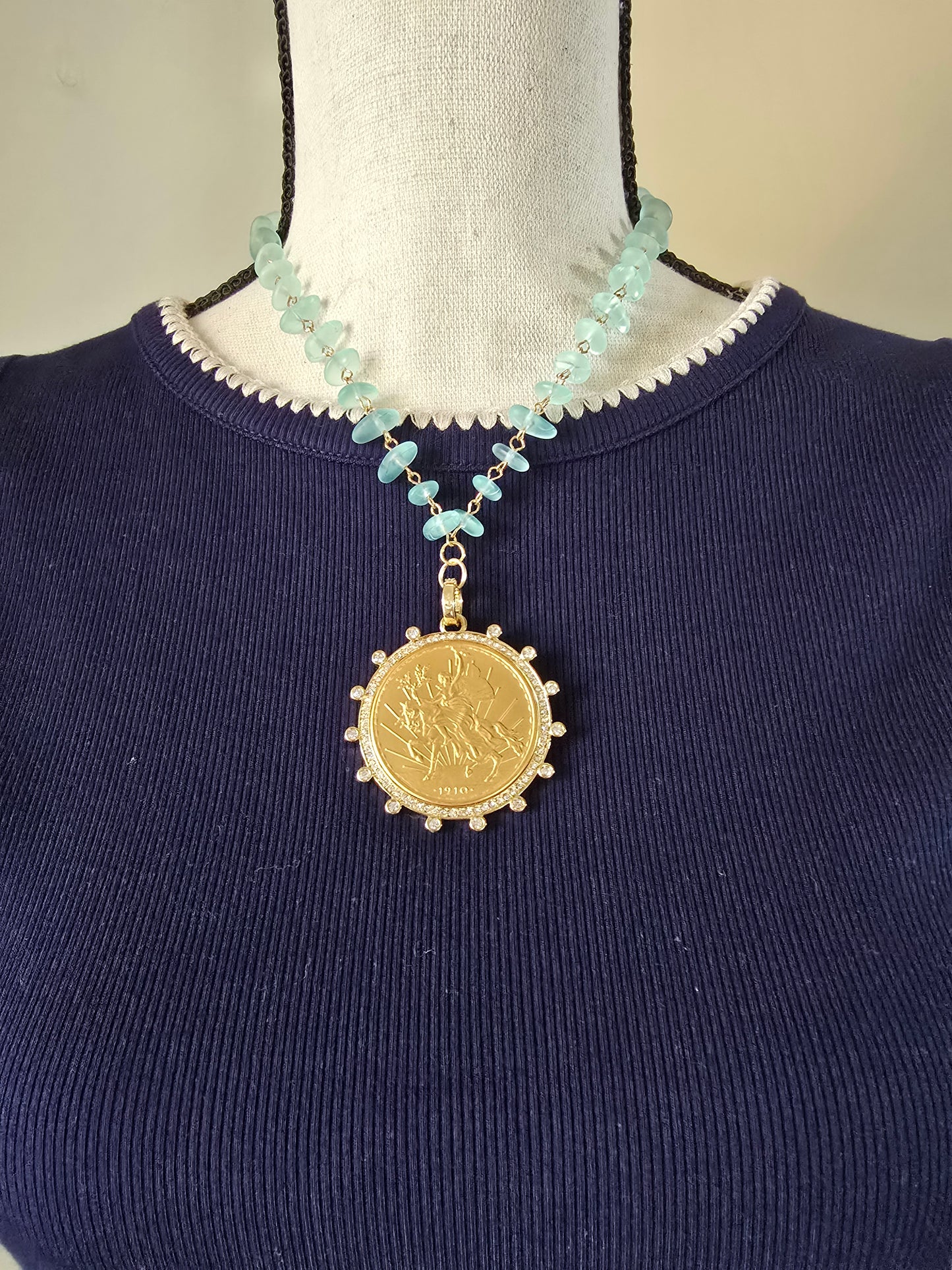 Gold Sovereign Replica Coin Pendant Necklace with Aqua Blue Sea Glass Beads