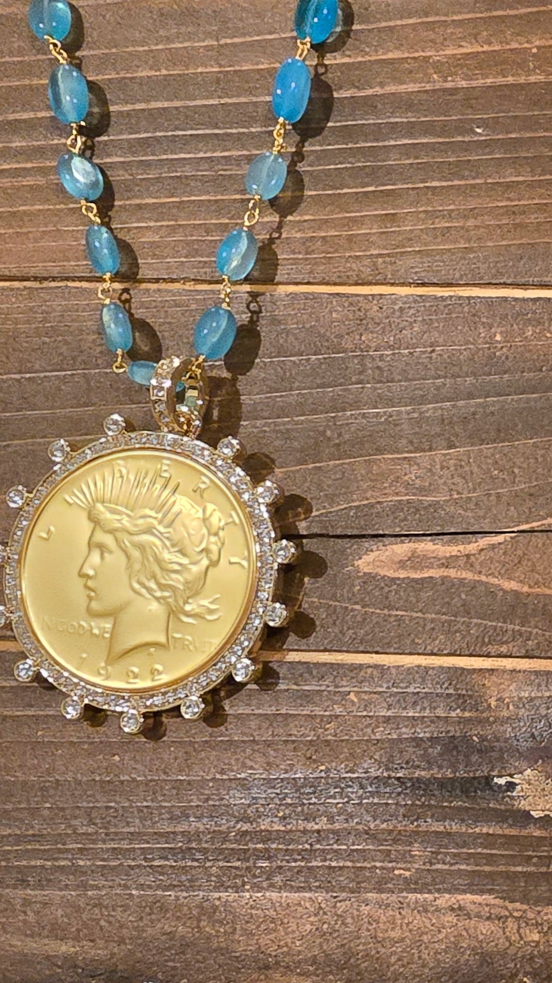 Vintage-Inspired Peace Dollar Medallion Necklace | Blue Apatite Beaded Chain