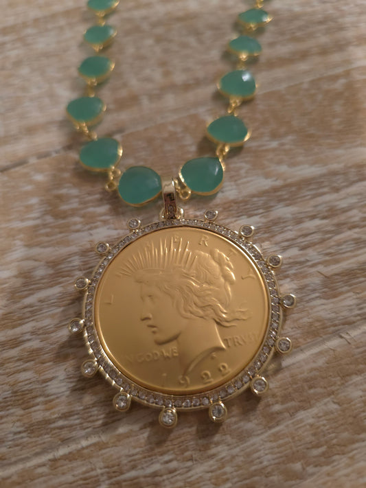 Aqua Chalcedony Gemstone Peace Dollar Medallion Necklace | Gold Coin Pendant | Crystal Halo | Coastal Chic Jewelry by LaRhonda’s Little Luxuries