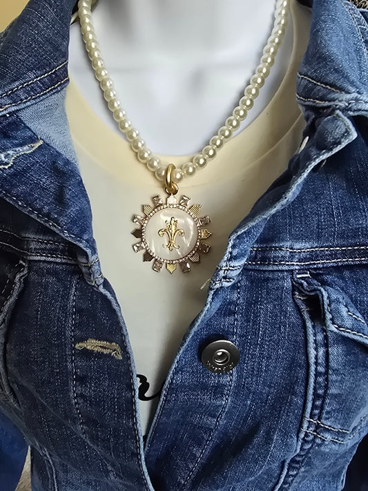 Pearl + Mother-of-Pearl Fleur-de-Lis Pendant Necklace — Elegant Coastal French-Inspired Statement Piece
