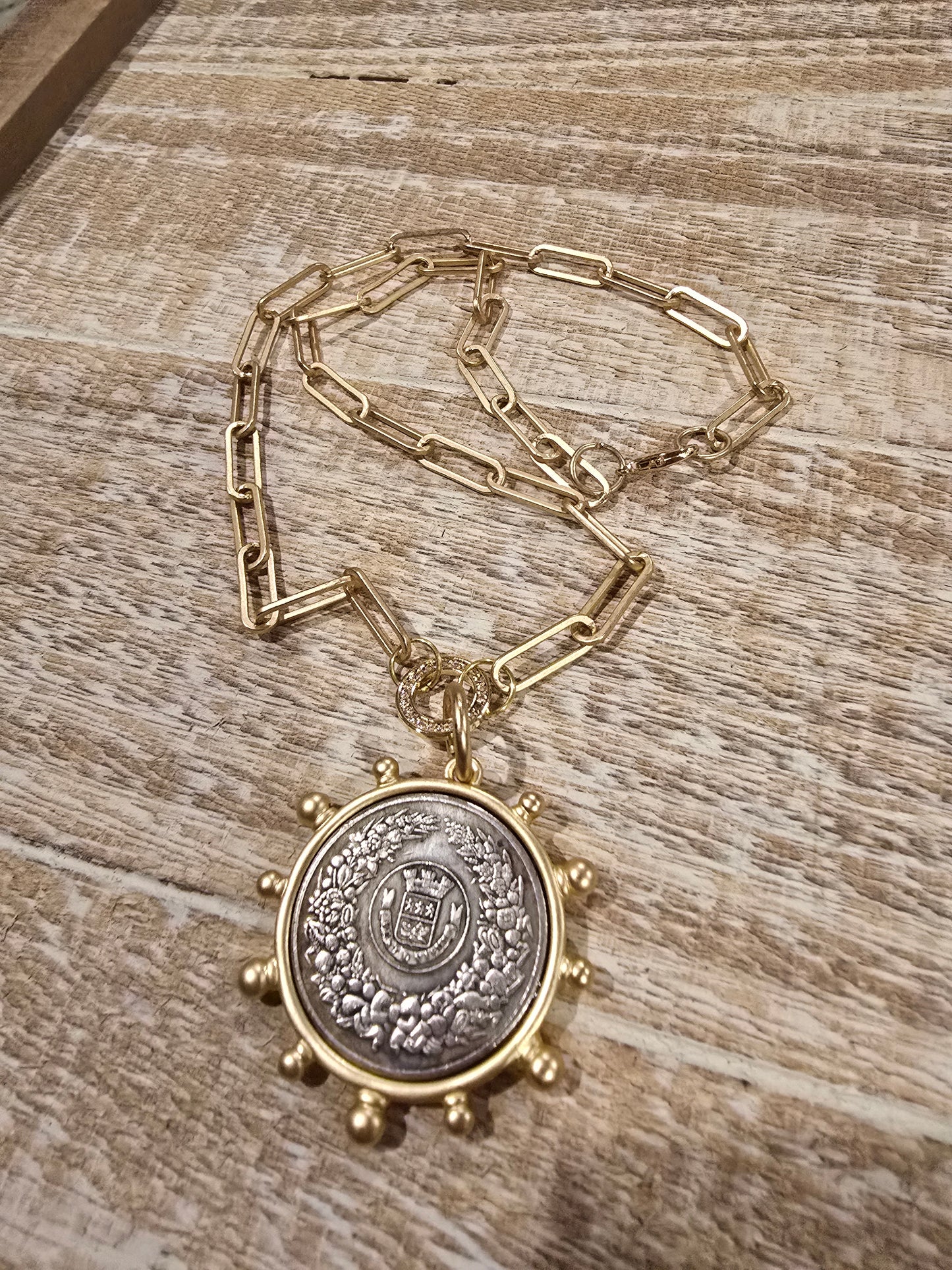 Vintage-Inspired French Coin Pendant Necklace | Gold Paperclip Chain