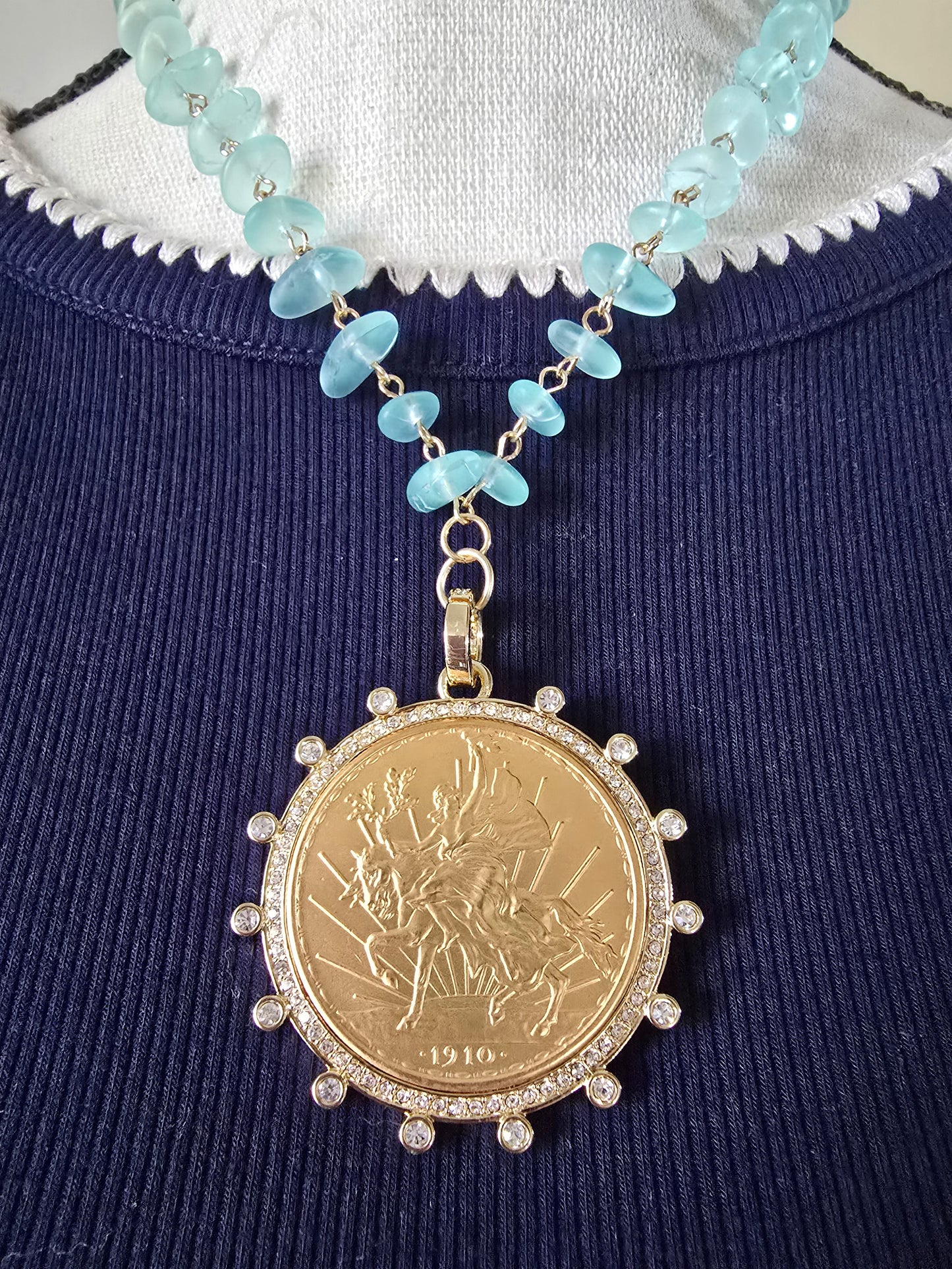 Gold Sovereign Replica Coin Pendant Necklace with Aqua Blue Sea Glass Beads