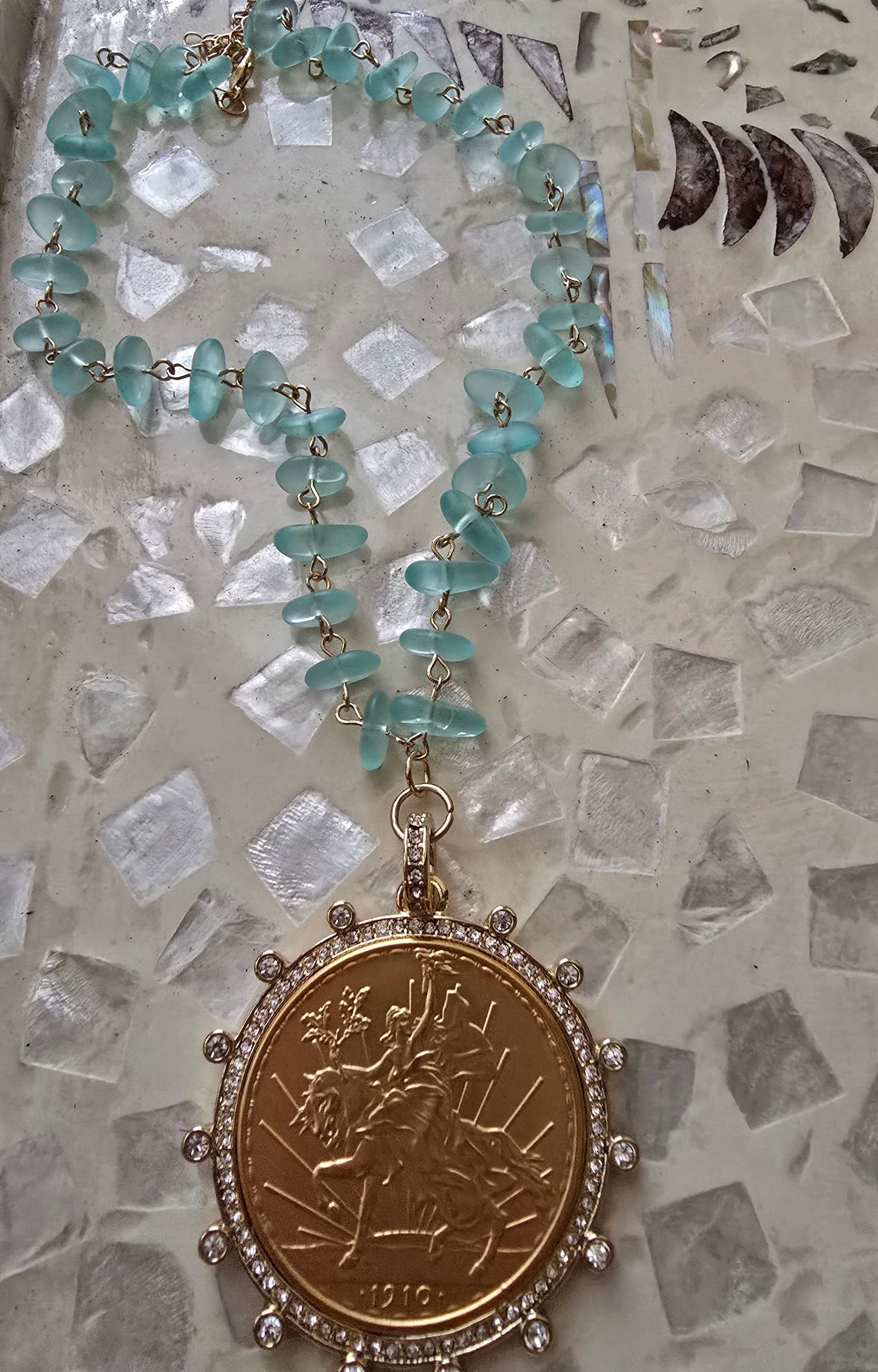 Gold Sovereign Replica Coin Pendant Necklace with Aqua Blue Sea Glass Beads