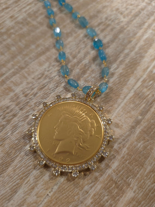 Vintage-Inspired Peace Dollar Medallion Necklace | Blue Apatite Beaded Chain