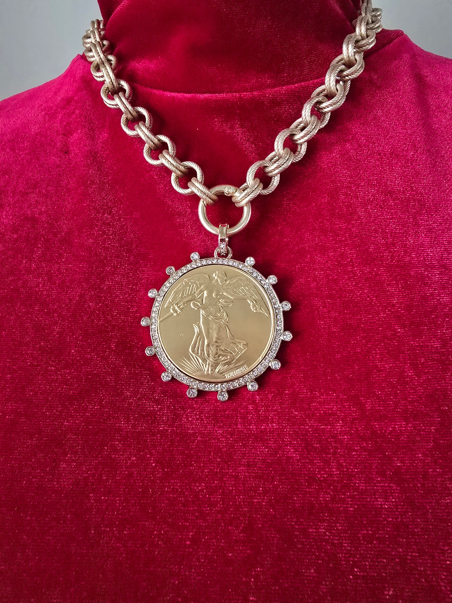 Gold Coin Pendant Statement Necklace, Chunky Chain, Vintage-Inspired French Medallion, Elegant Coastal Glam