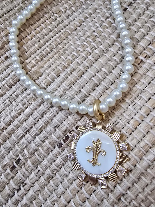 Pearl + Mother-of-Pearl Fleur-de-Lis Pendant Necklace — Elegant Coastal French-Inspired Statement Piece
