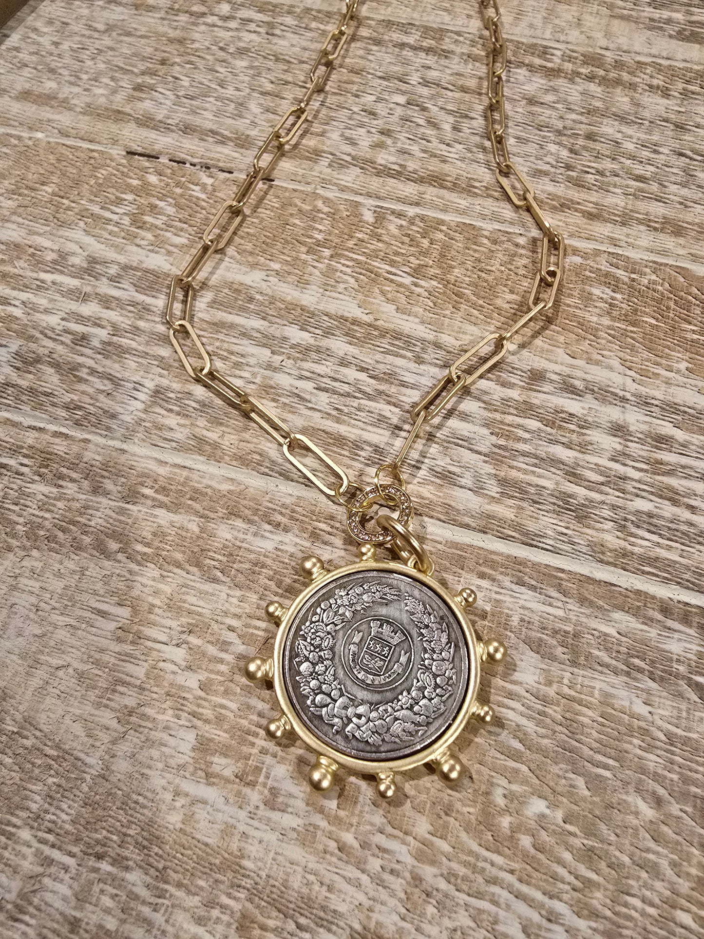 Vintage-Inspired French Coin Pendant Necklace | Gold Paperclip Chain