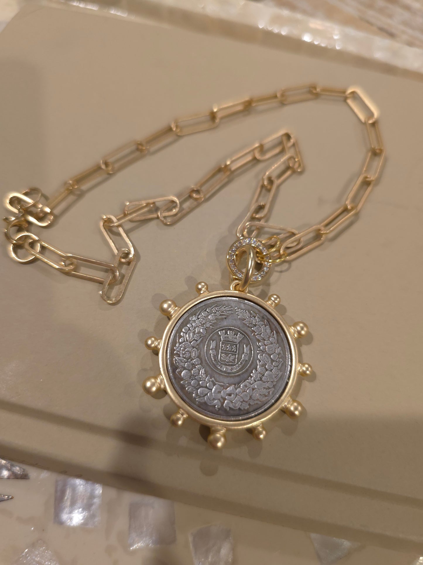 Vintage-Inspired French Coin Pendant Necklace | Gold Paperclip Chain