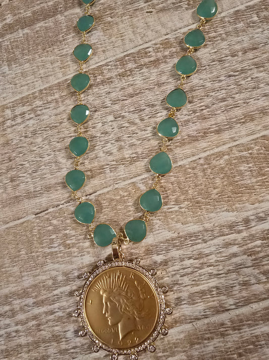 Aqua Chalcedony Gemstone Peace Dollar Medallion Necklace | Gold Coin Pendant | Crystal Halo | Coastal Chic Jewelry by LaRhonda’s Little Luxuries