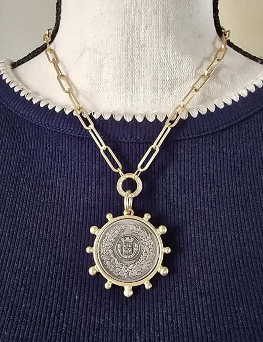 Vintage-Inspired French Coin Pendant Necklace | Gold Paperclip Chain