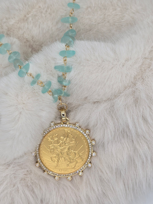 Gold Sovereign Replica Coin Pendant Necklace with Aqua Blue Sea Glass Beads