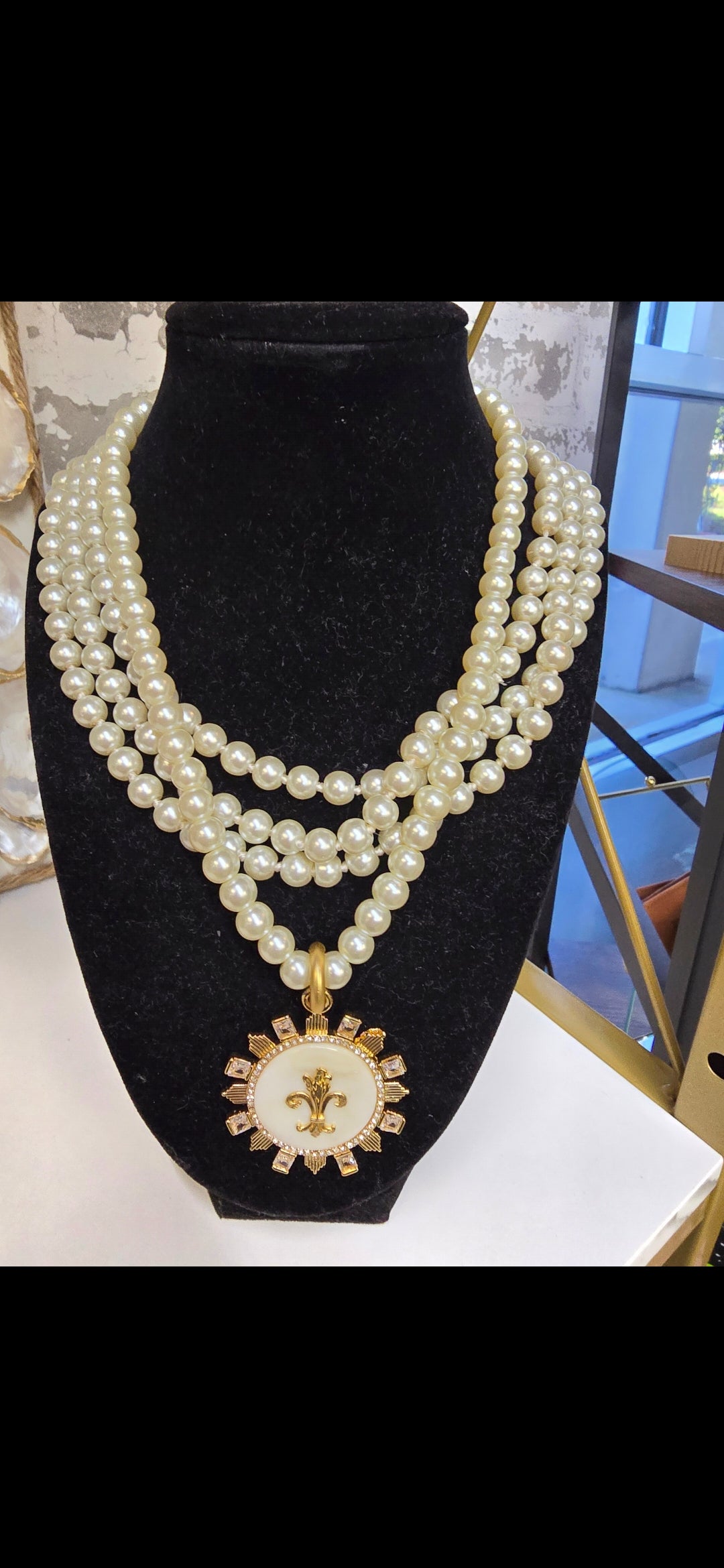 Pearl + Mother-of-Pearl Fleur-de-Lis Pendant Necklace — Elegant Coastal French-Inspired Statement Piece