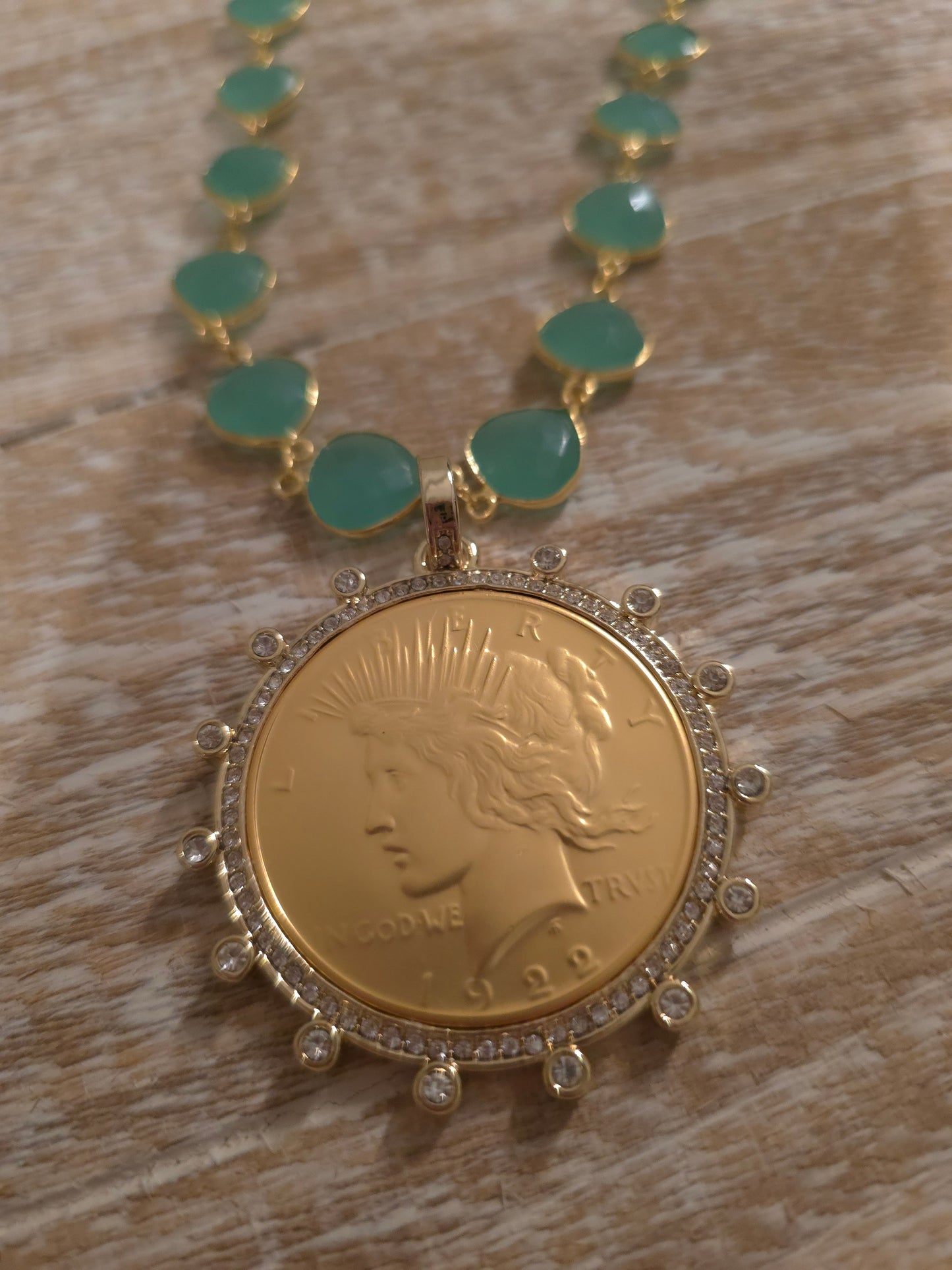 Aqua Chalcedony Gemstone Peace Dollar Medallion Necklace | Gold Coin Pendant | Crystal Halo | Coastal Chic Jewelry by LaRhonda’s Little Luxuries